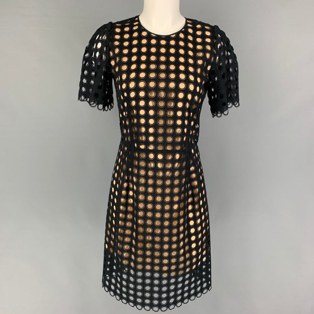 CHLOE Size 2 Black Beige Cotton Polyester Cut Out Short Sleeve Dress